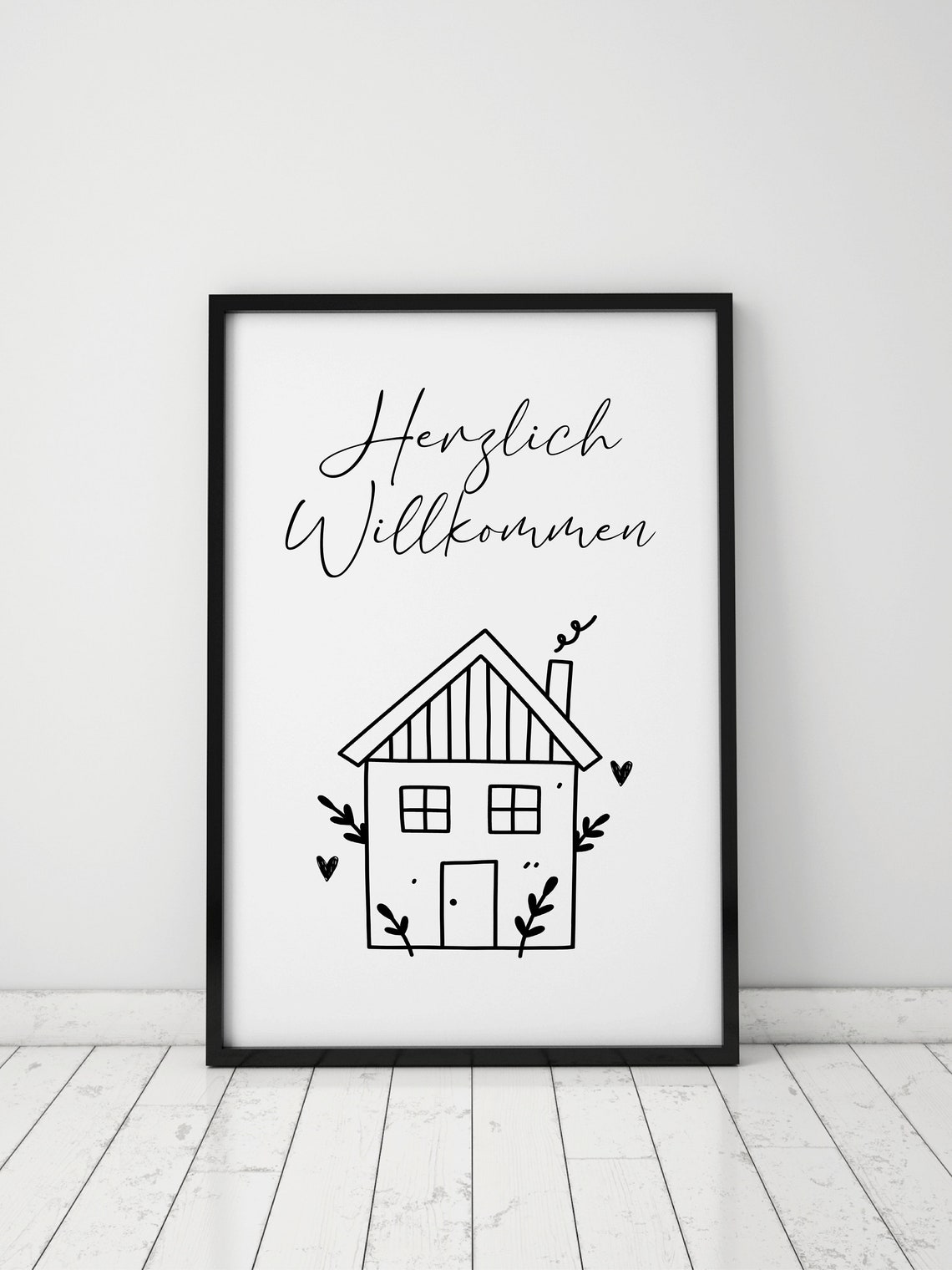 Herzlich Willkommen Script With Line Art House Drawing Poster - Image 2