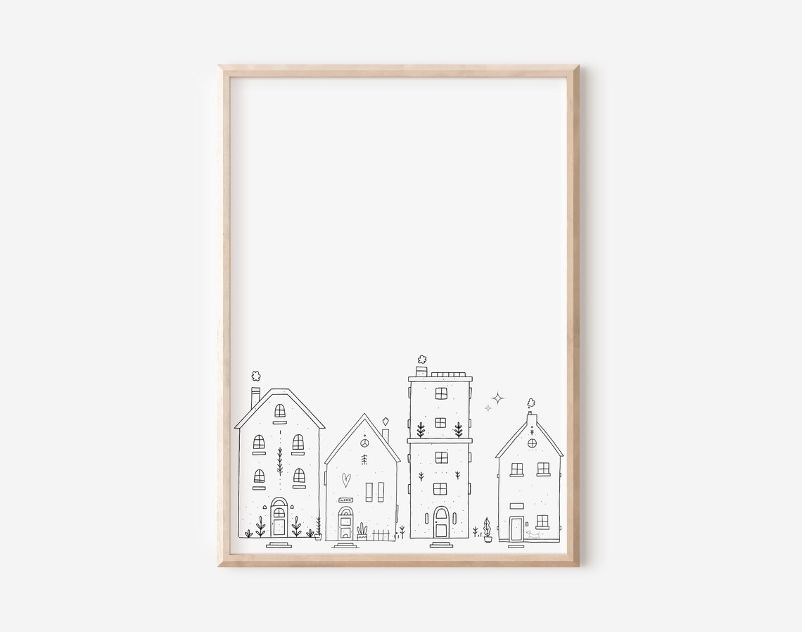 Line Art Village Houses Minimalist Black and White Sketch Poster