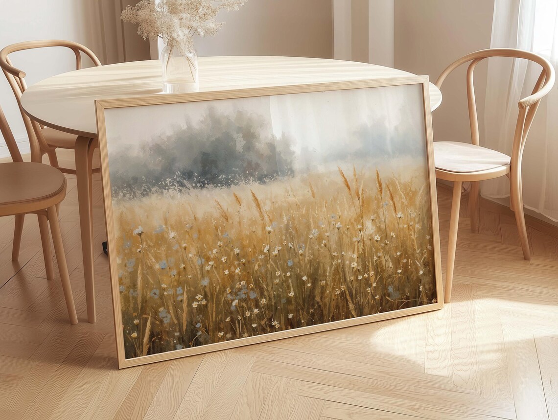 Golden Wheat Field Wildflowers Misty Morning Nature Painting Poster