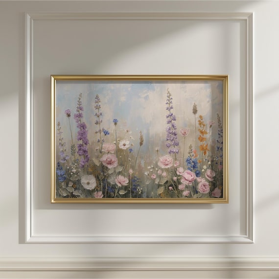 Pastel Wildflowers Meadow Spring Bloom Gold Frame Oil Poster
