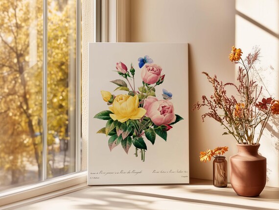 Vintage Pink Yellow Roses Botanical Bouquet Floral Art Print