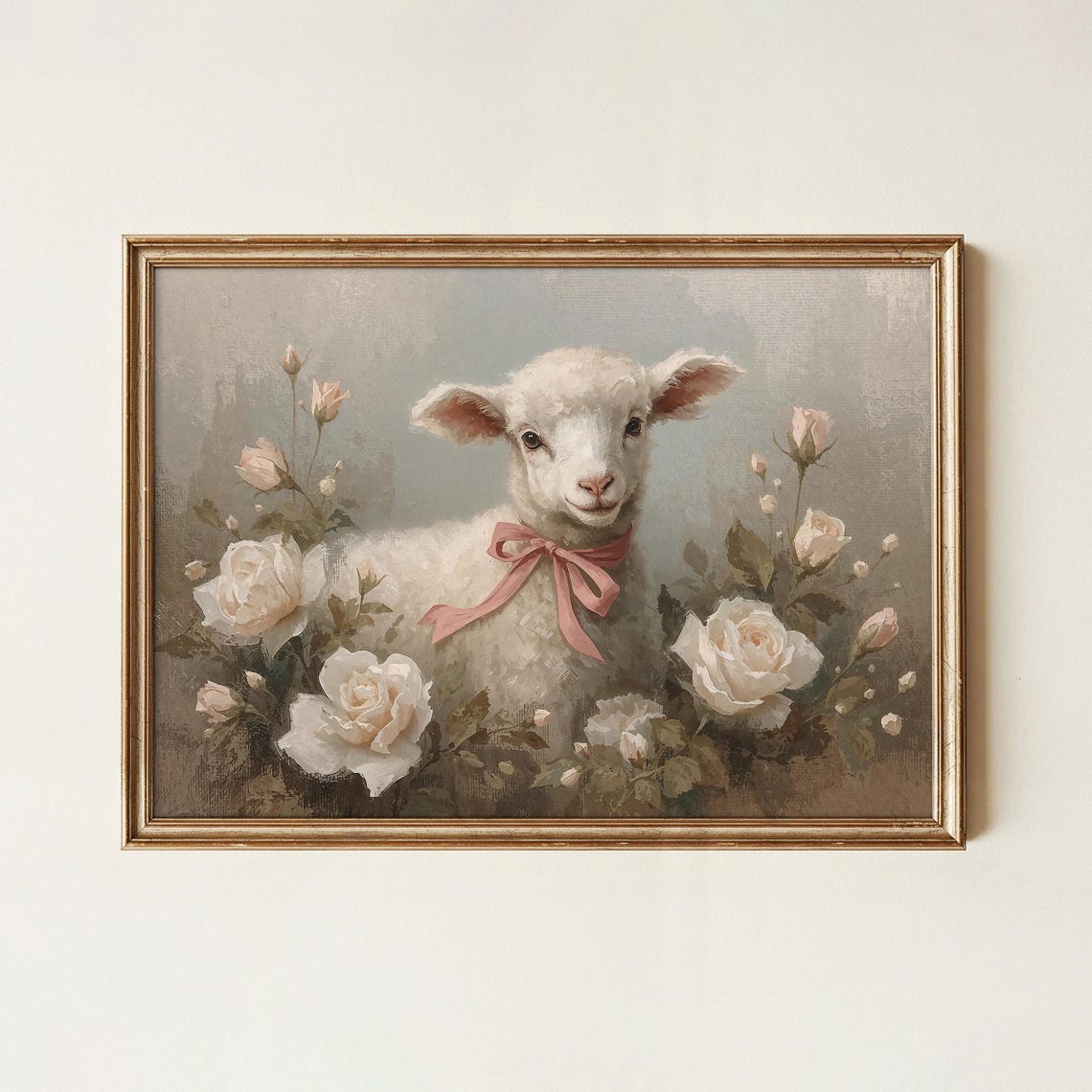 Vintage White Lamb with Pink Bow Among Roses Farmhouse Wall Art