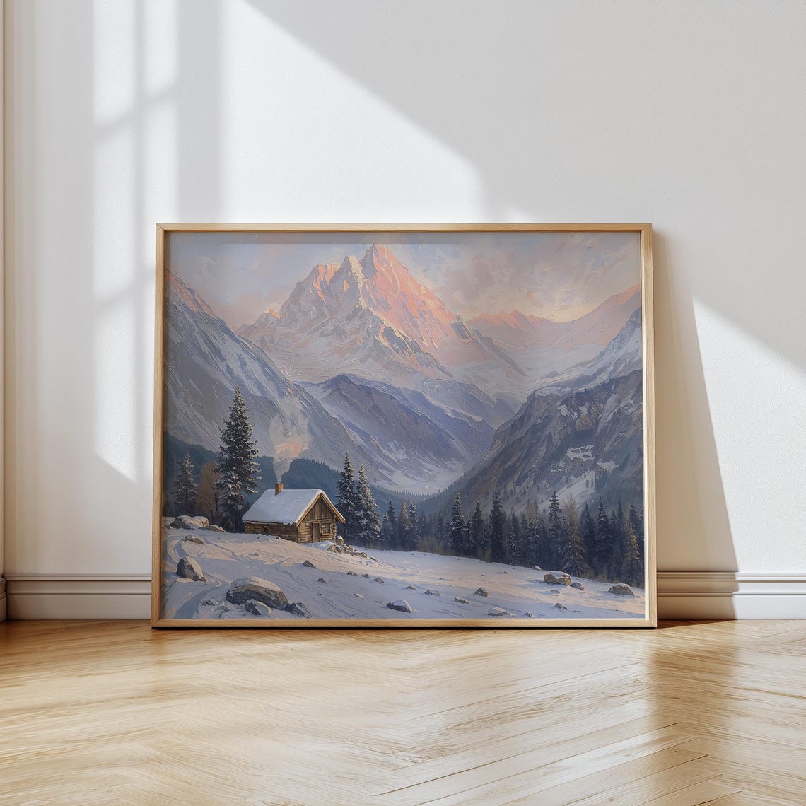 Vintage Snowy Mountain Print Winter Cabin Landscape