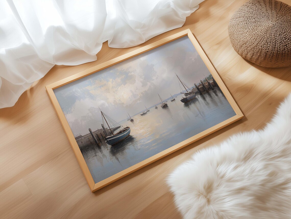 Misty Harbor Sailboats Morning Fog Antique Maritime Painting Poster