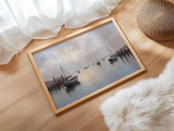 Misty Harbor Sailboats Morning Fog Antique Maritime Painting Poster