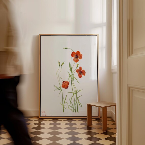 Red Wind Poppy Blossoms Vintage Botanical Watercolor Art Poster