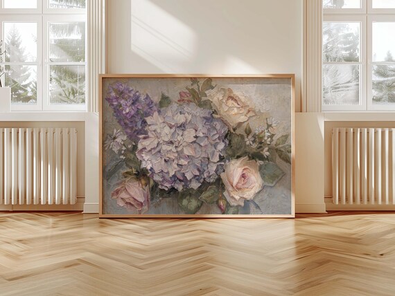 Vintage Hydrangea Lavender Roses Watercolor Pastel Floral Bouquet Poster