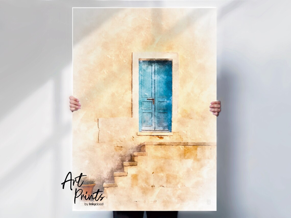 Minimal Blue Door Cream Wall Stone Steps Mediterranean Calm Poster