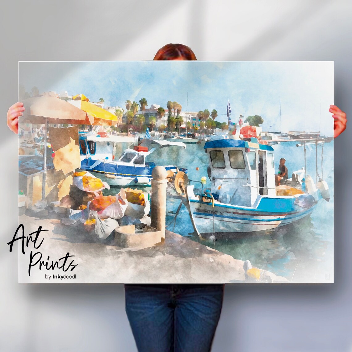 Greek Island Harbor Fishing Boats Watercolor Sunny Coastal Poster