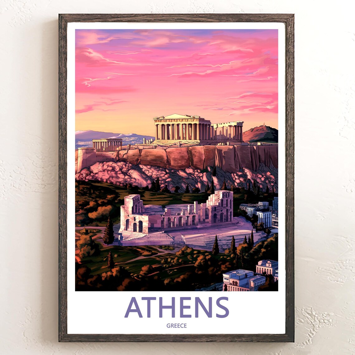 Athens Acropolis Sunset Theater Ruins Illustration Vintage Poster