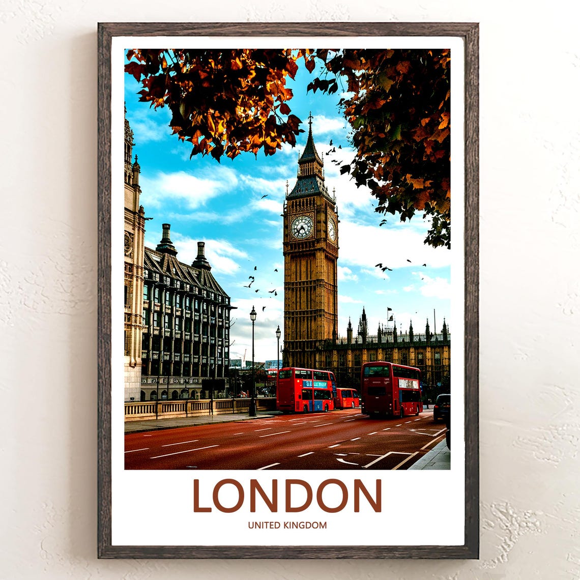 London Vibrant Big Ben City Street Beneath Autumn Leaves Poster