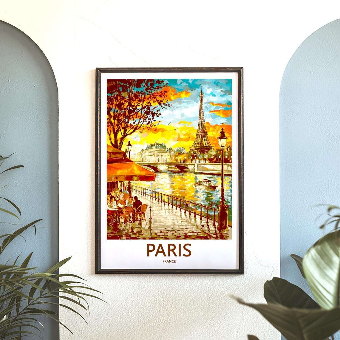 Painterly Sunset Cafe on the Seine Quay Below the Eiffel Tower Poster - Image 3