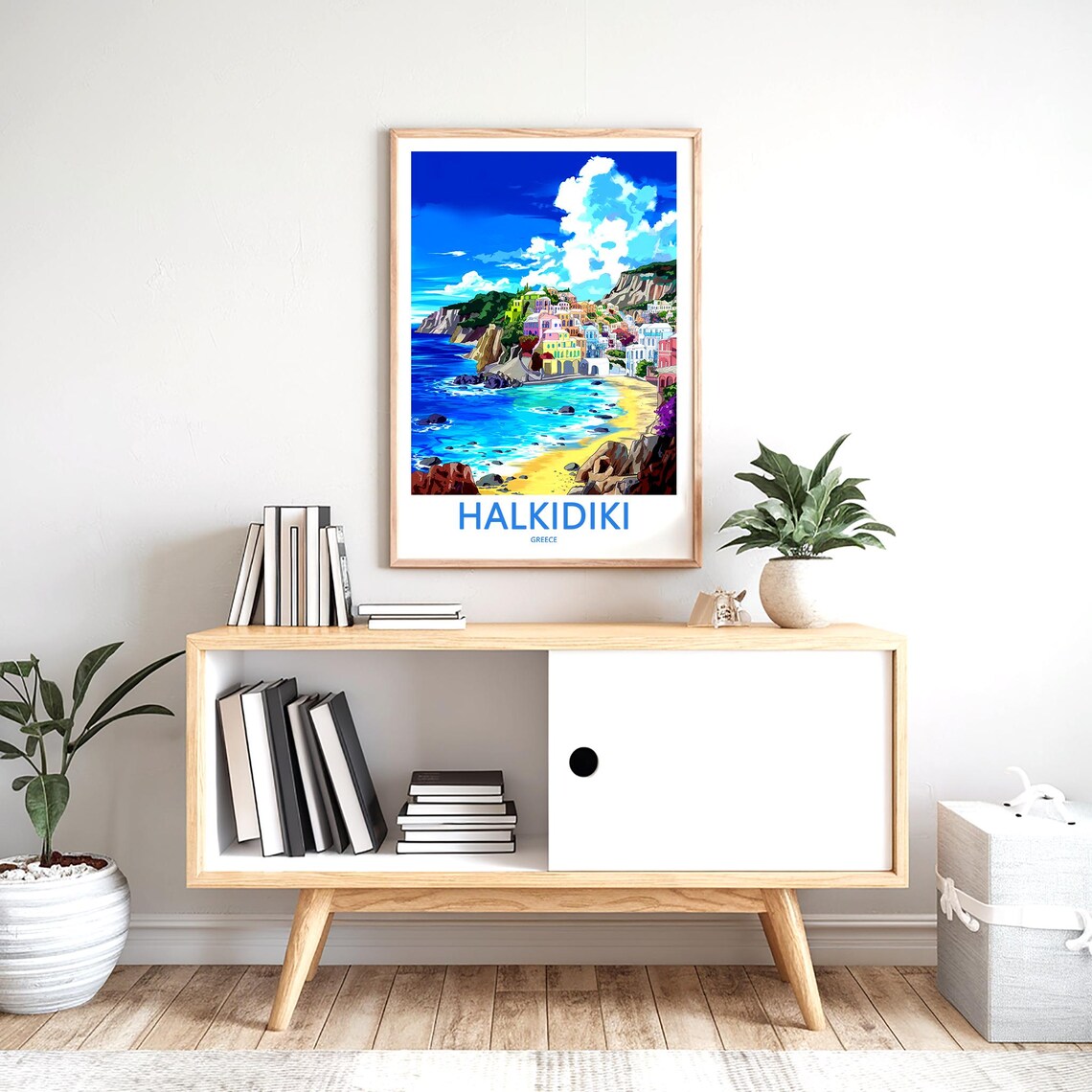 Halkidiki Greece Colorful Clifftop Village Golden Beach Travel Poster - Image 2