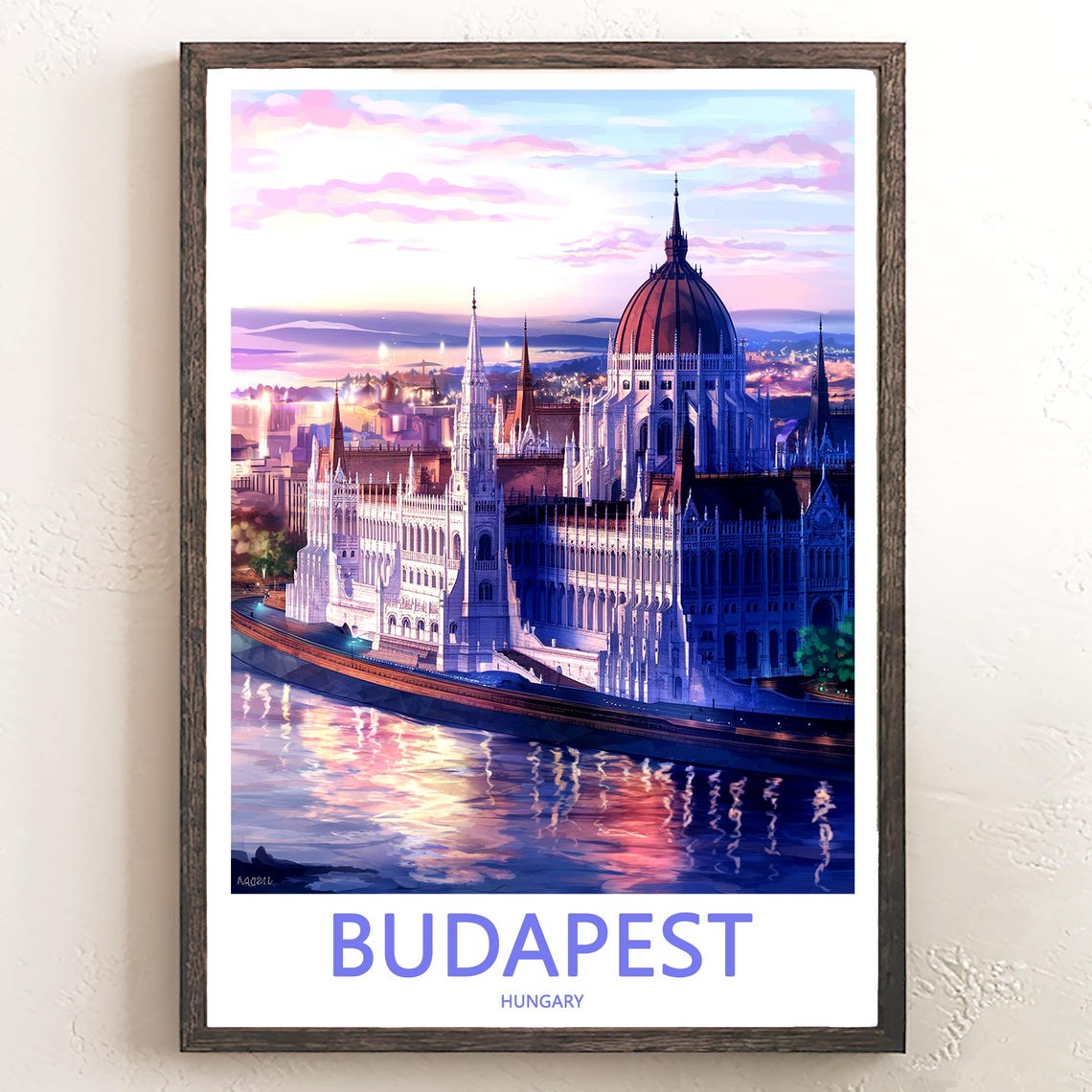 Budapest Hungary Parliament Riverside Sunset Blue Hour Poster