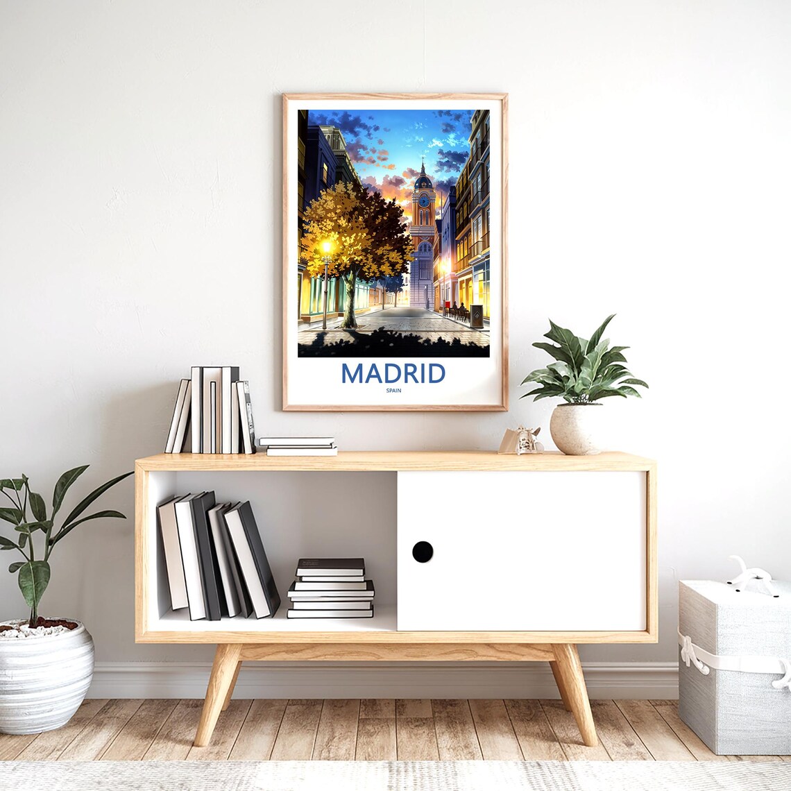 Madrid Old Town Clock Tower Golden Sunset Street Scene Poster - Image 2