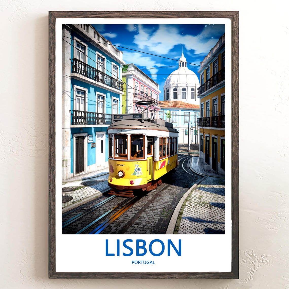 Lisbon Yellow Tram Rounding a Curve Near the Pantheon Poster