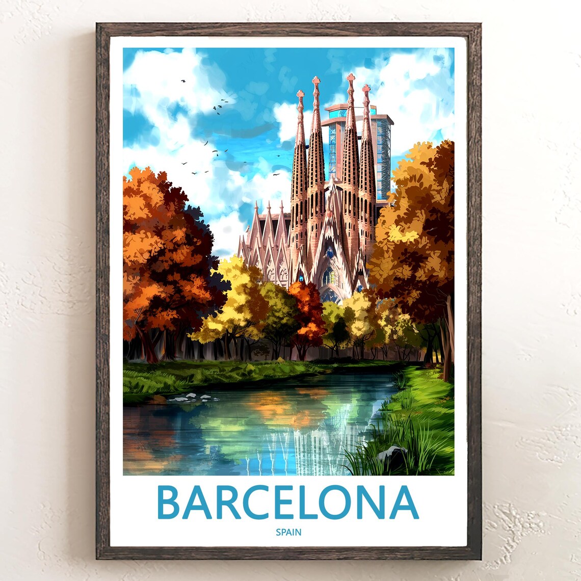 Barcelona Sagrada Família Painted River Autumn Scene Art Poster