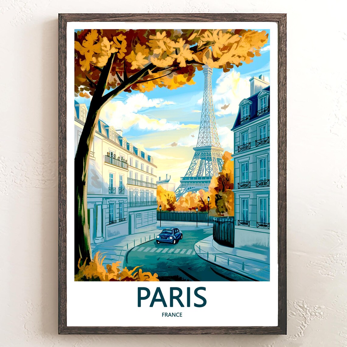 Eiffel Tower Curved Autumn Street Blue Vintage Car Paris Poster