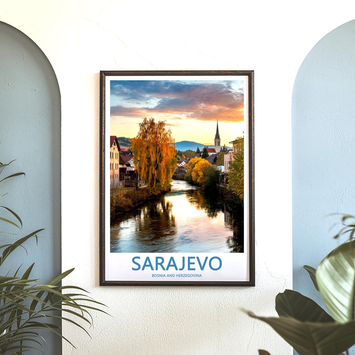 Sarajevo River Sunset with Willow Trees and Church Spire Poster - Image 3