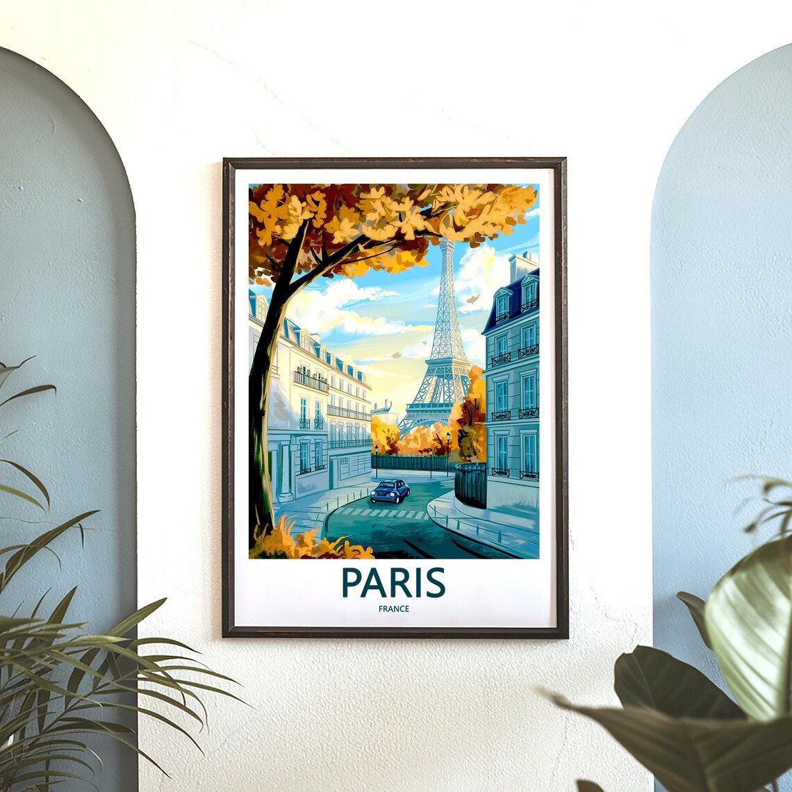 Eiffel Tower Curved Autumn Street Blue Vintage Car Paris Poster - Image 3