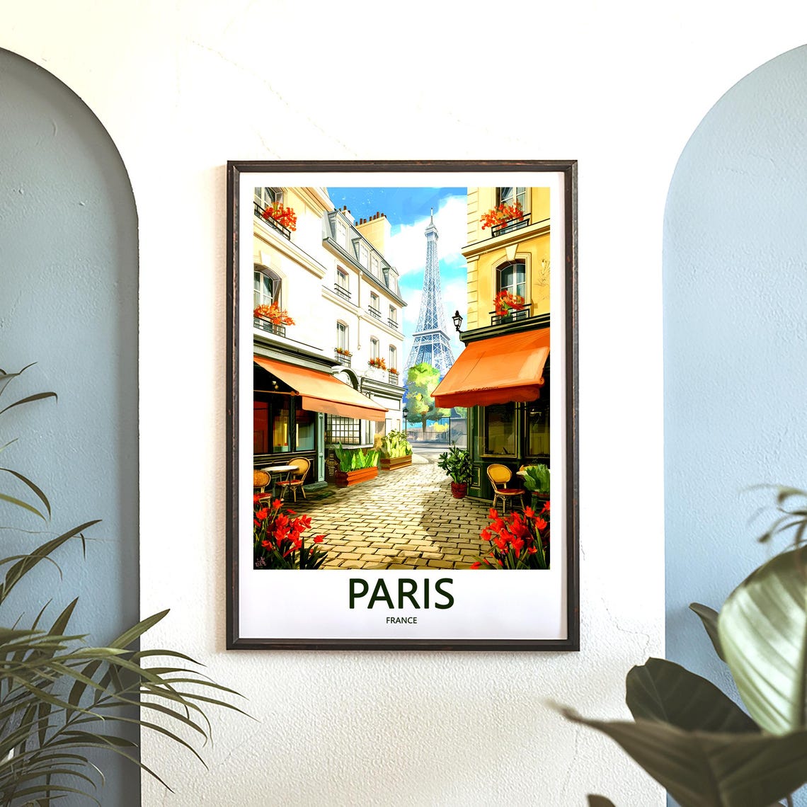 Eiffel Tower Cobblestone Lane Orange Awnings Cafe Paris France Poster - Image 3