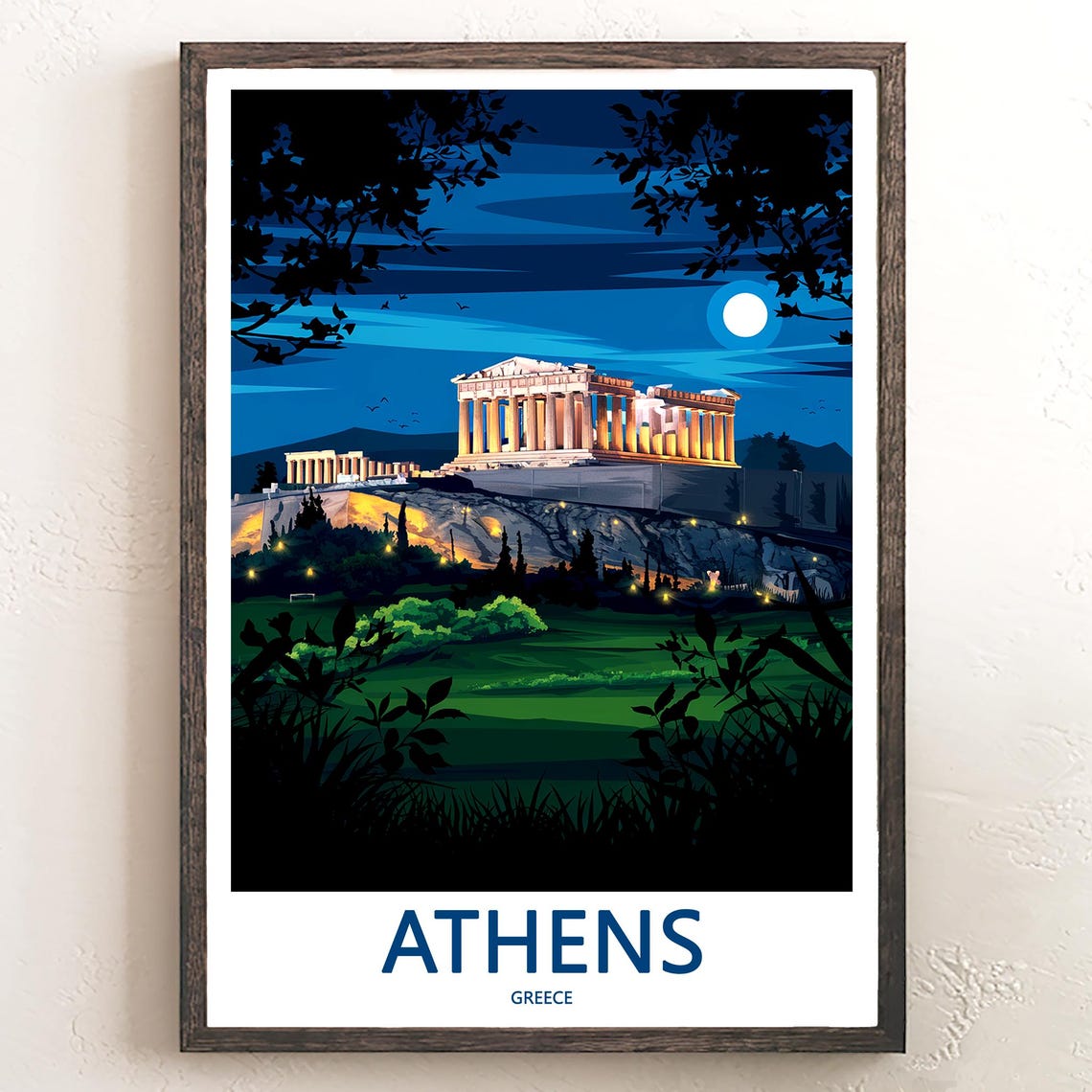 Athens Acropolis Moonlit Night Lit Parthenon Illustration Poster