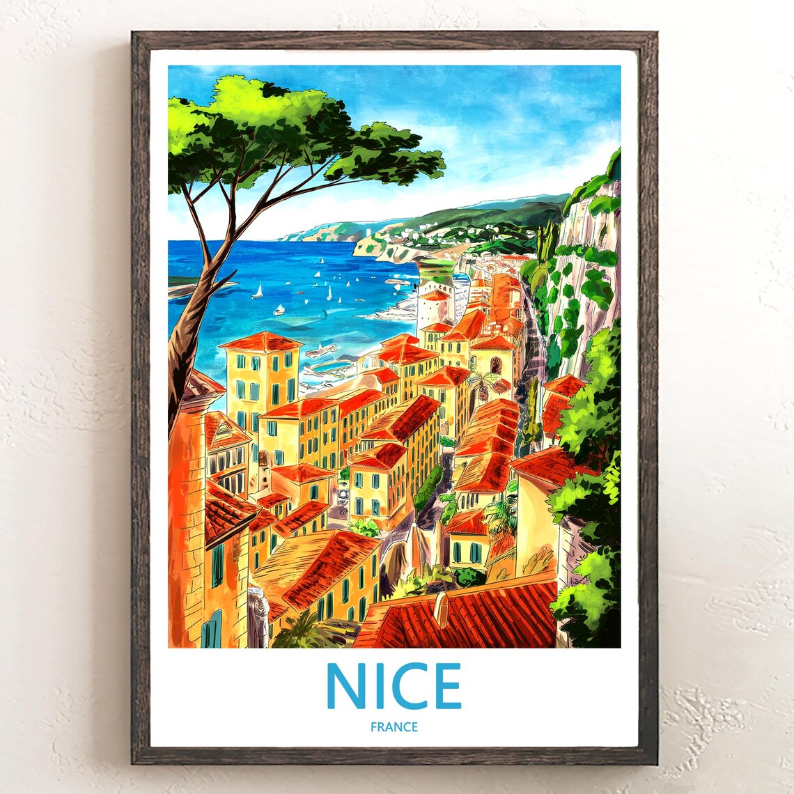 Nice France Old Town Hillside Leaning Pine Travel Art Poster