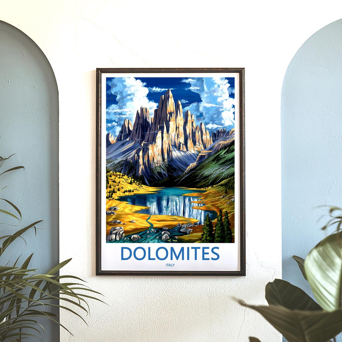 Dolomites Peaks over Blue Lake and Golden Shore Travel Poster - Image 3