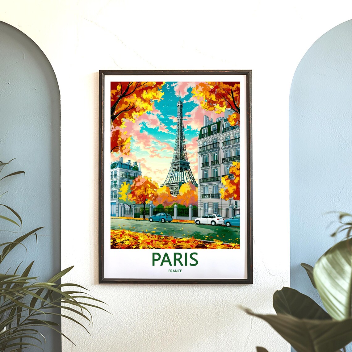 Eiffel Tower Autumn Street Parked Cars Pink Sky Paris France Poster - Image 3