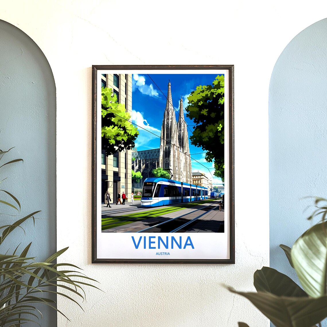 Vienna Austria Blue Tram and Gothic Church Street Scene Poster - Image 3