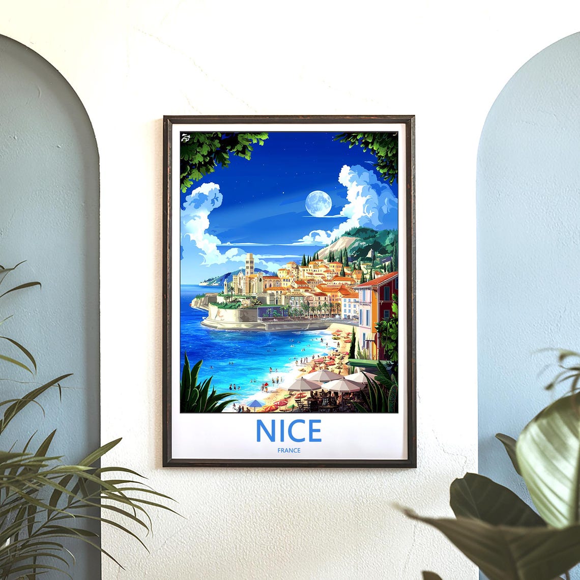 Nice France Moonlit Beach Umbrellas Seaside Travel Art Poster - Image 3