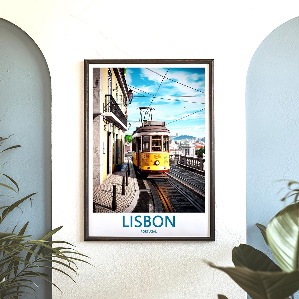 Lisbon Yellow Tram 23 at a Hilltop Curve Overlooking Town Poster - Image 3