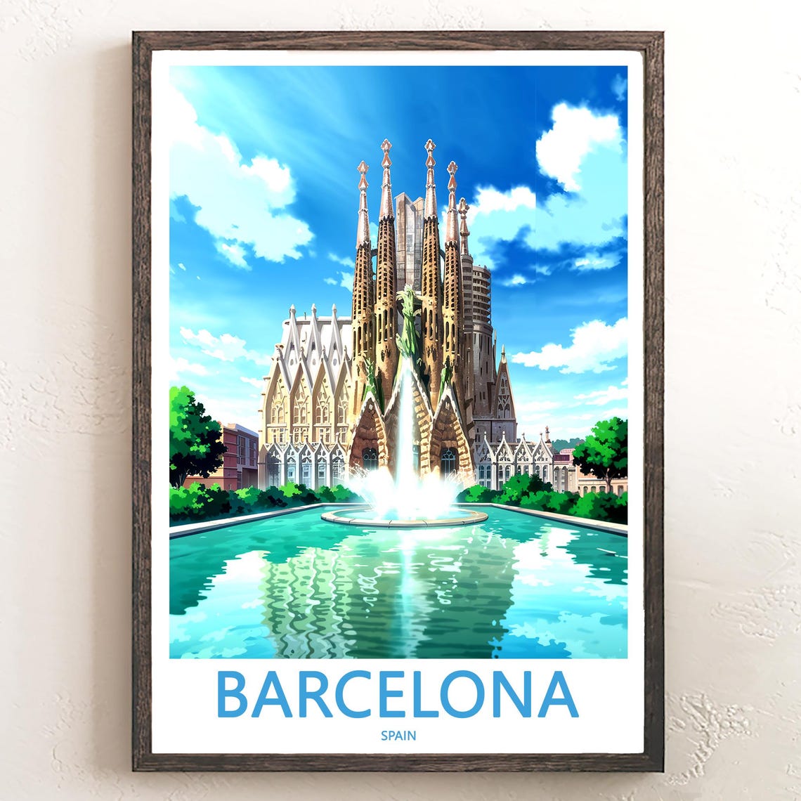 Barcelona Sagrada Familia Fountain Turquoise Reflection Travel Poster