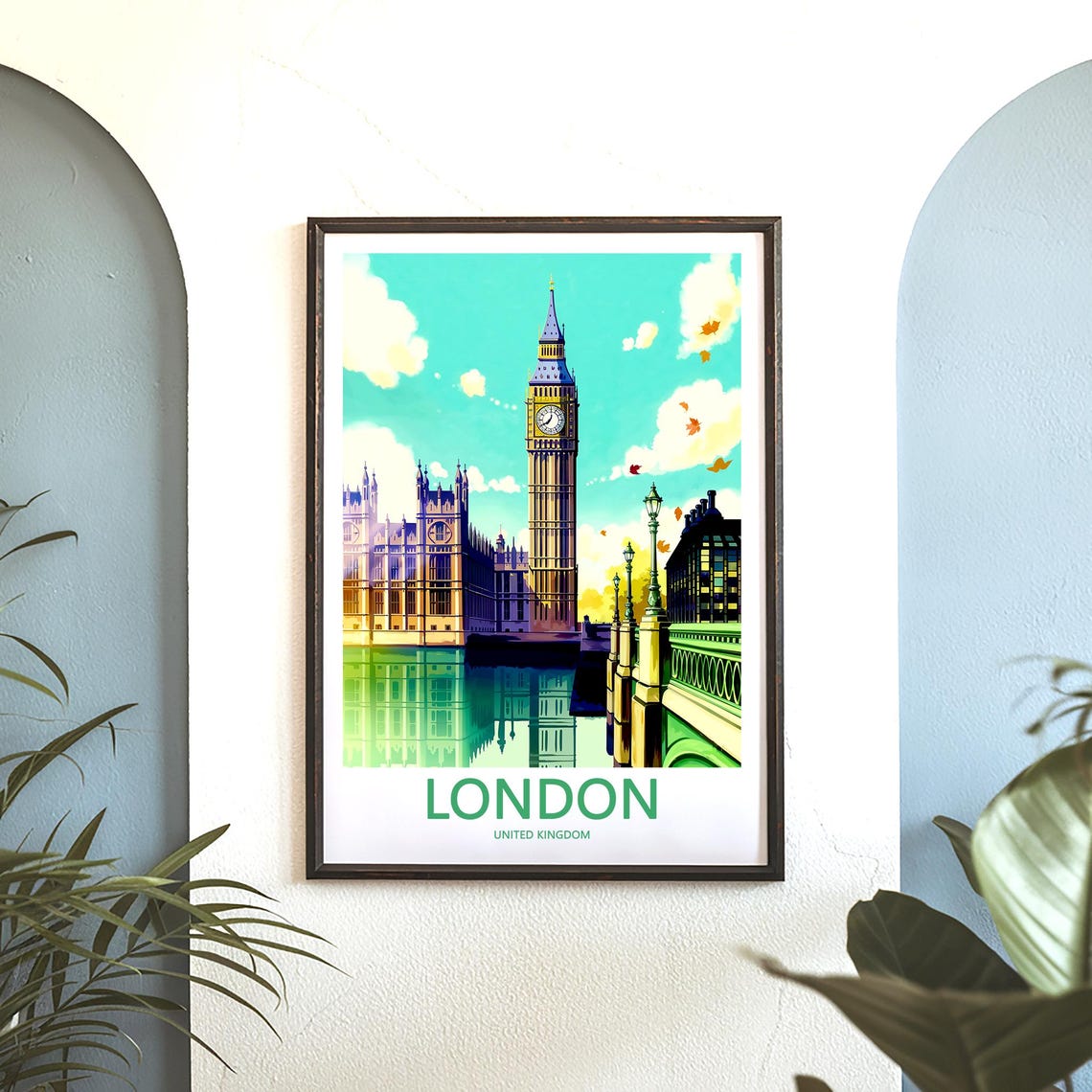 Big Ben Westminster Bridge Autumn Leaves Illustration Poster - Image 3