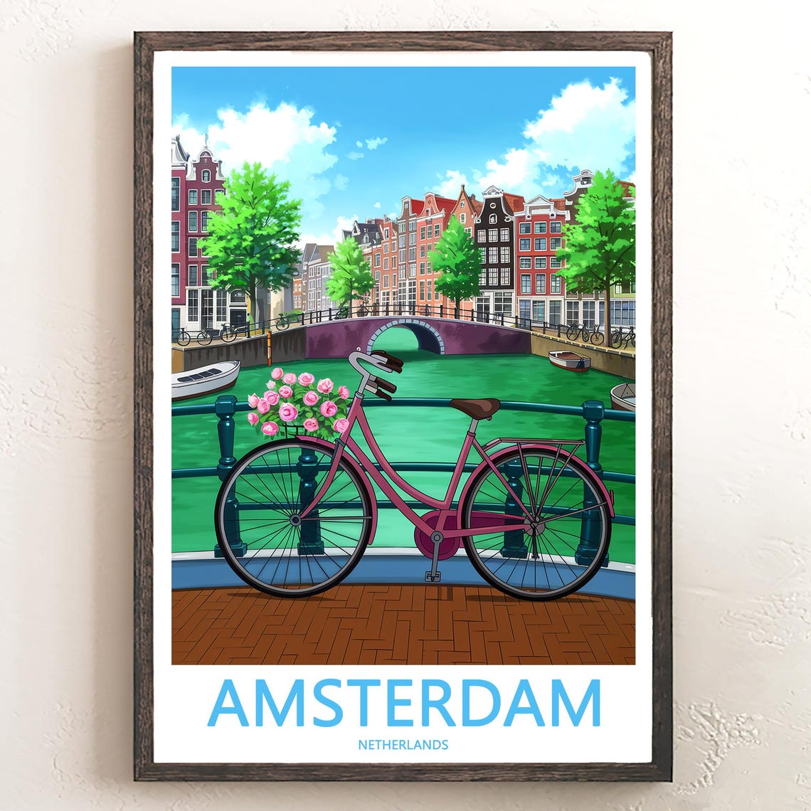 Amsterdam Pink Bicycle Roses Bridge Canal Illustration Poster