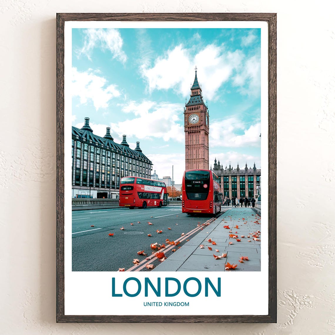 Big Ben and Two Red Double Decker Buses on an Autumn Photo Poster