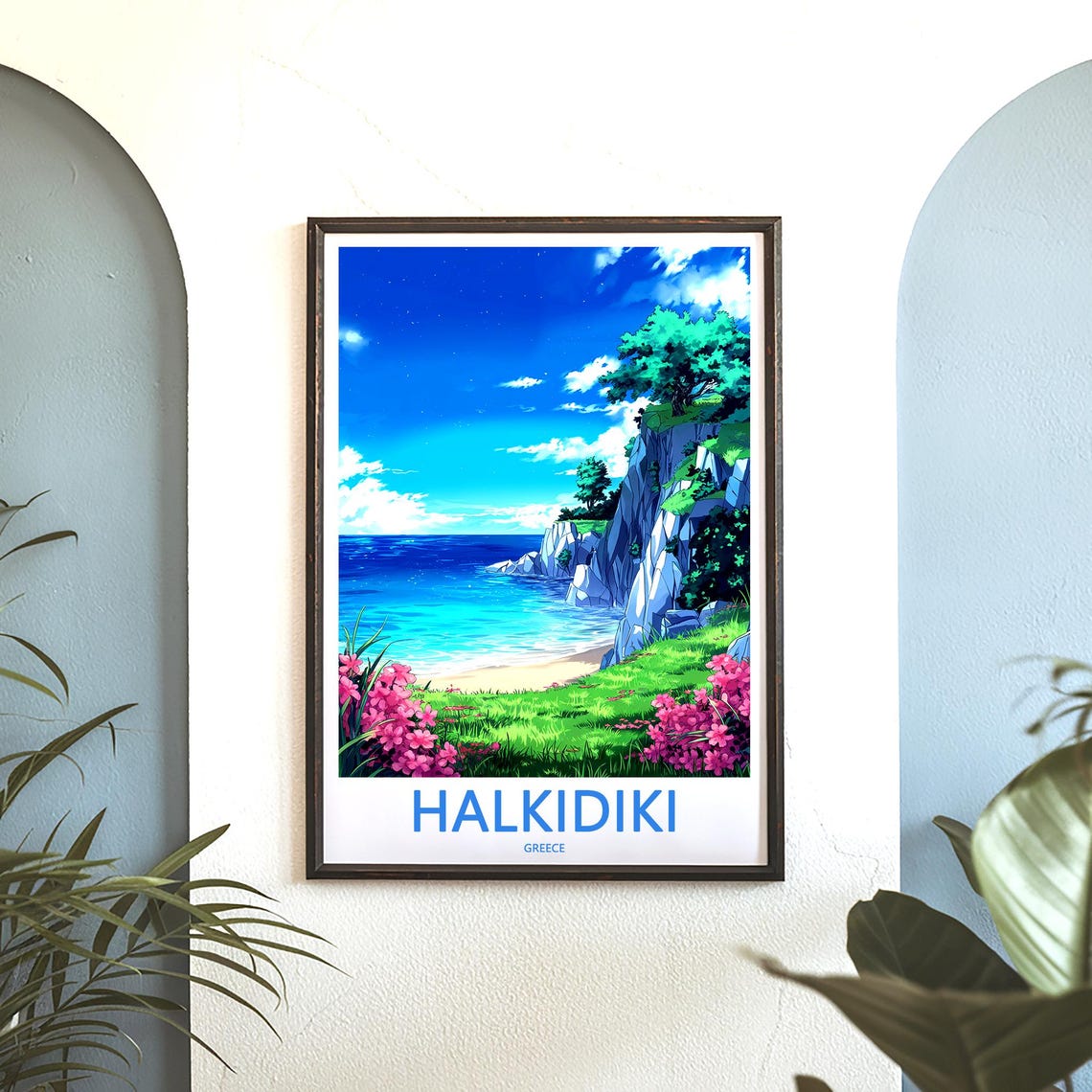 Halkidiki Greece Anime Style Rocky Cliff Beach Pink Flowers Poster - Image 3