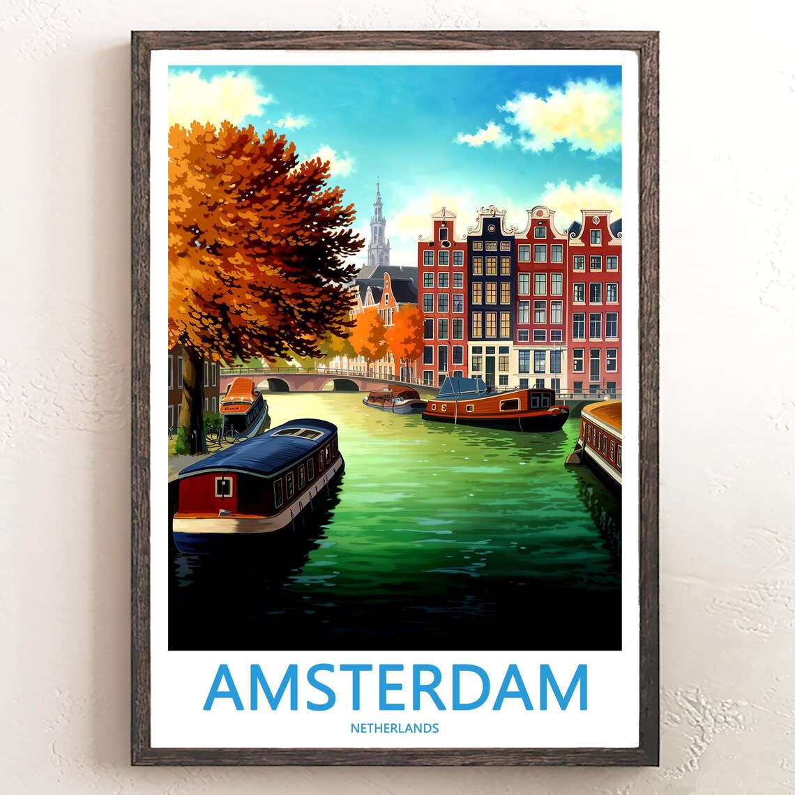 Amsterdam Autumn Emerald Canal Houseboats Illustrated Poster