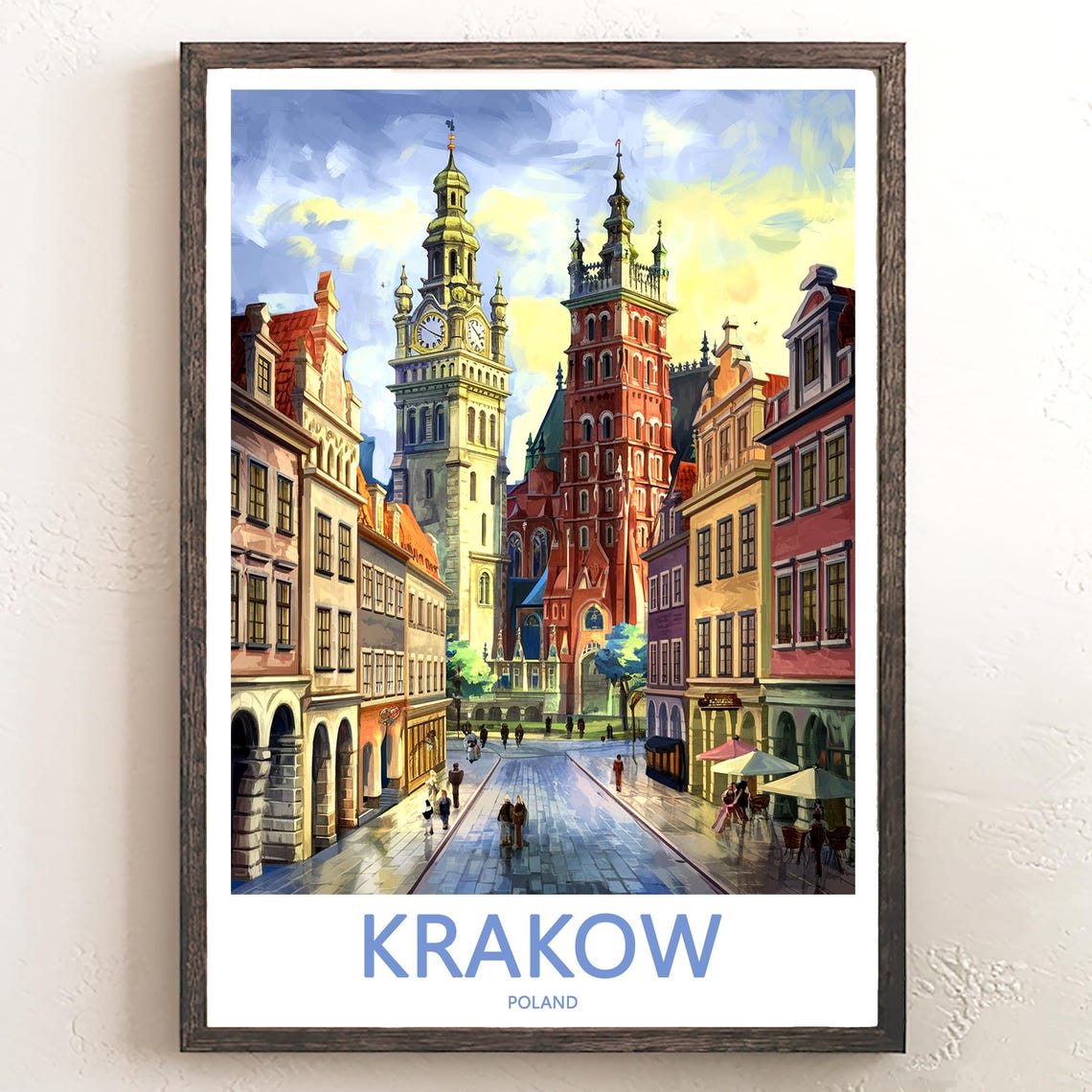 Krakow Old Town Street and Town Hall Tower Day View Travel Poster