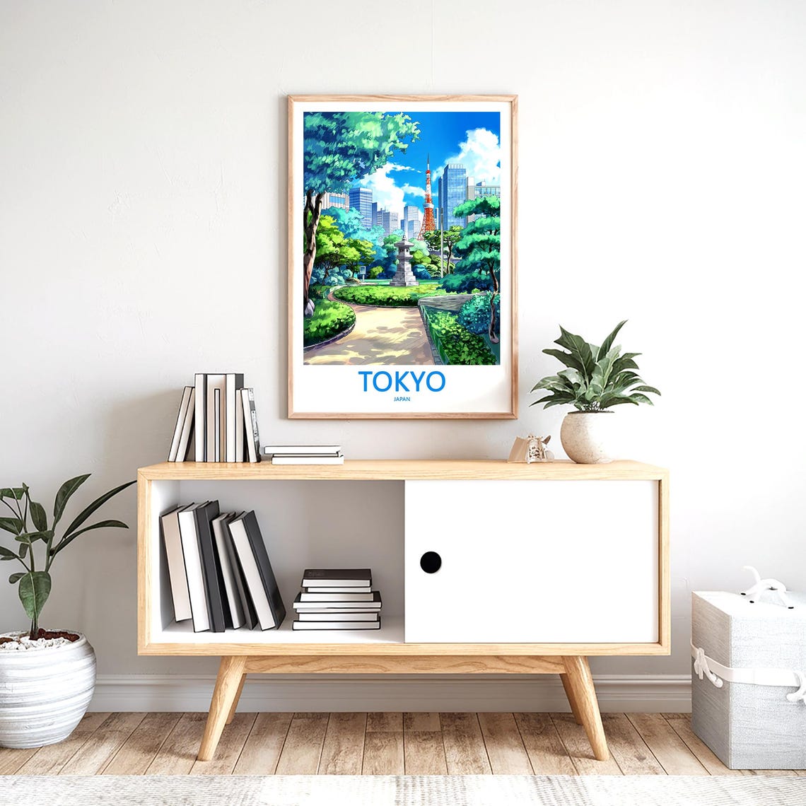 Illustrated Tokyo Park Stone Lantern with Tokyo Tower Beyond Poster - Image 2