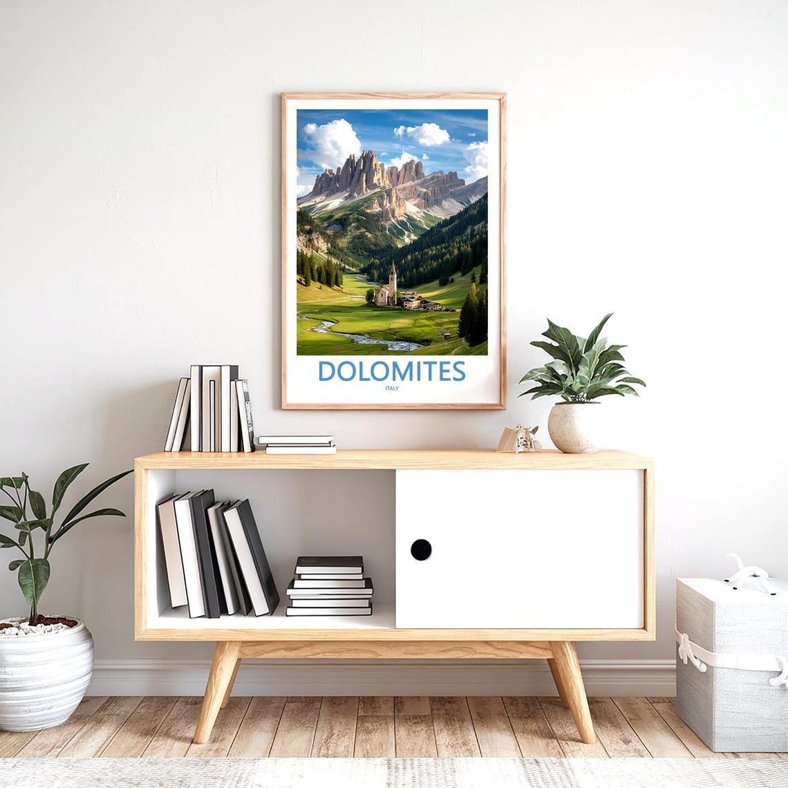 Dolomites Village Church by Stream in Green Valley Italy Poster - Image 2