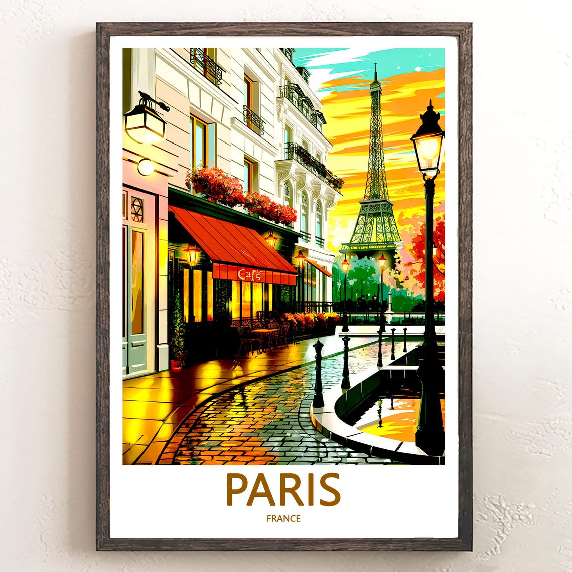 Eiffel Tower Cafe Night Street Red Awning Paris Sunset Poster