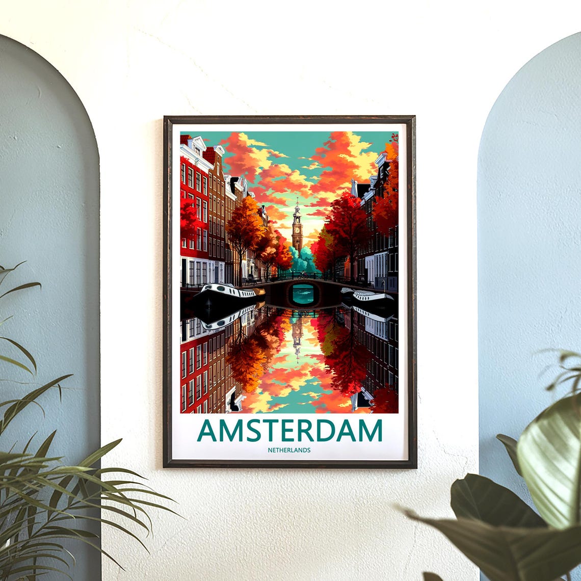 Amsterdam Autumn Canal Mirror Reflection Boats Travel Art Poster - Image 3