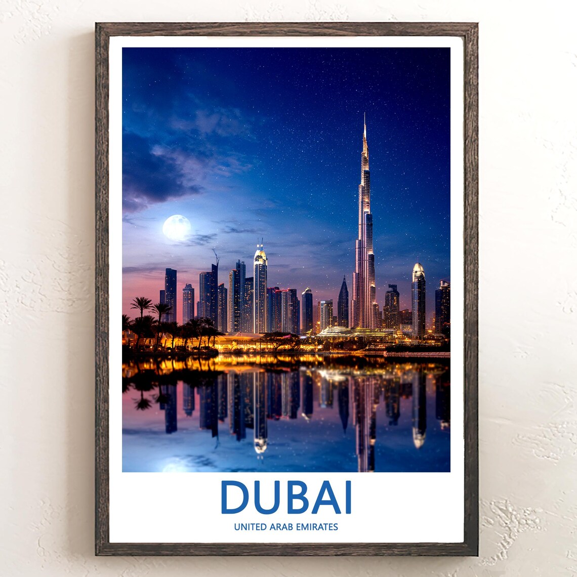 Dubai Night Burj Khalifa Moonlit Reflections on Water Photo Poster
