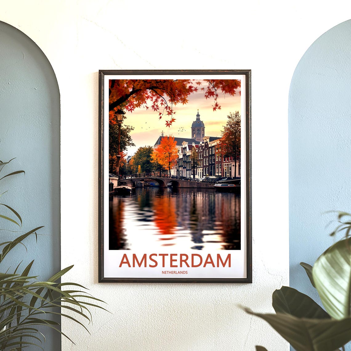 Amsterdam Autumn Canal Bridge Red Leaves Photo Travel Poster - Image 3