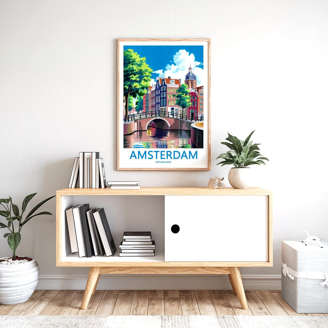 Amsterdam Canal Bridge Illustrated Colorful Gabled Houses Poster - Image 2