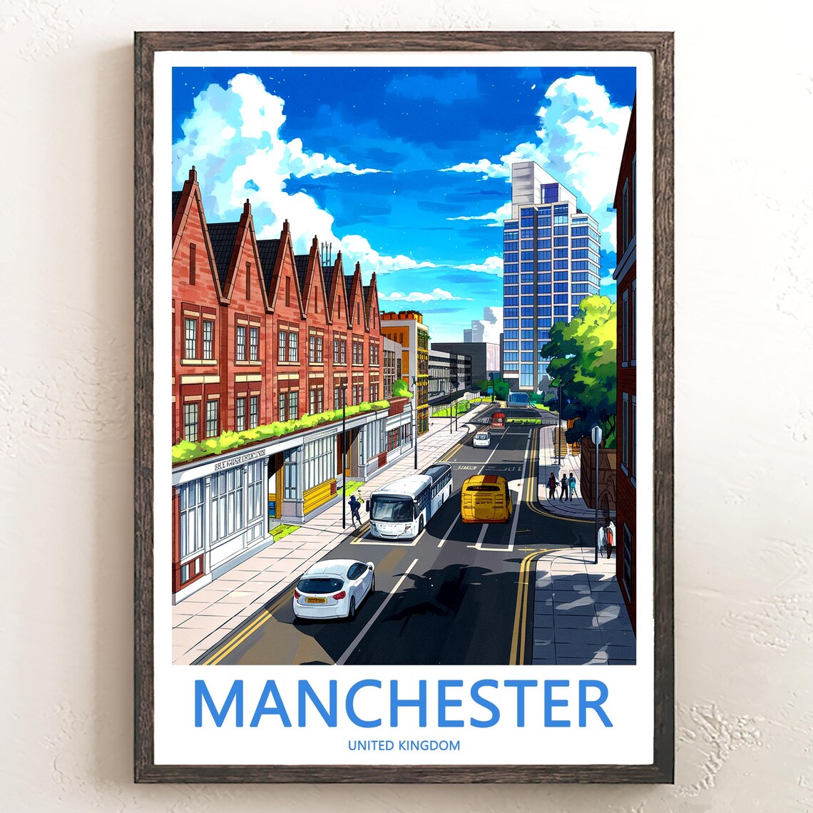 Manchester Sunlit City Street Brick Terraces and Buses Poster