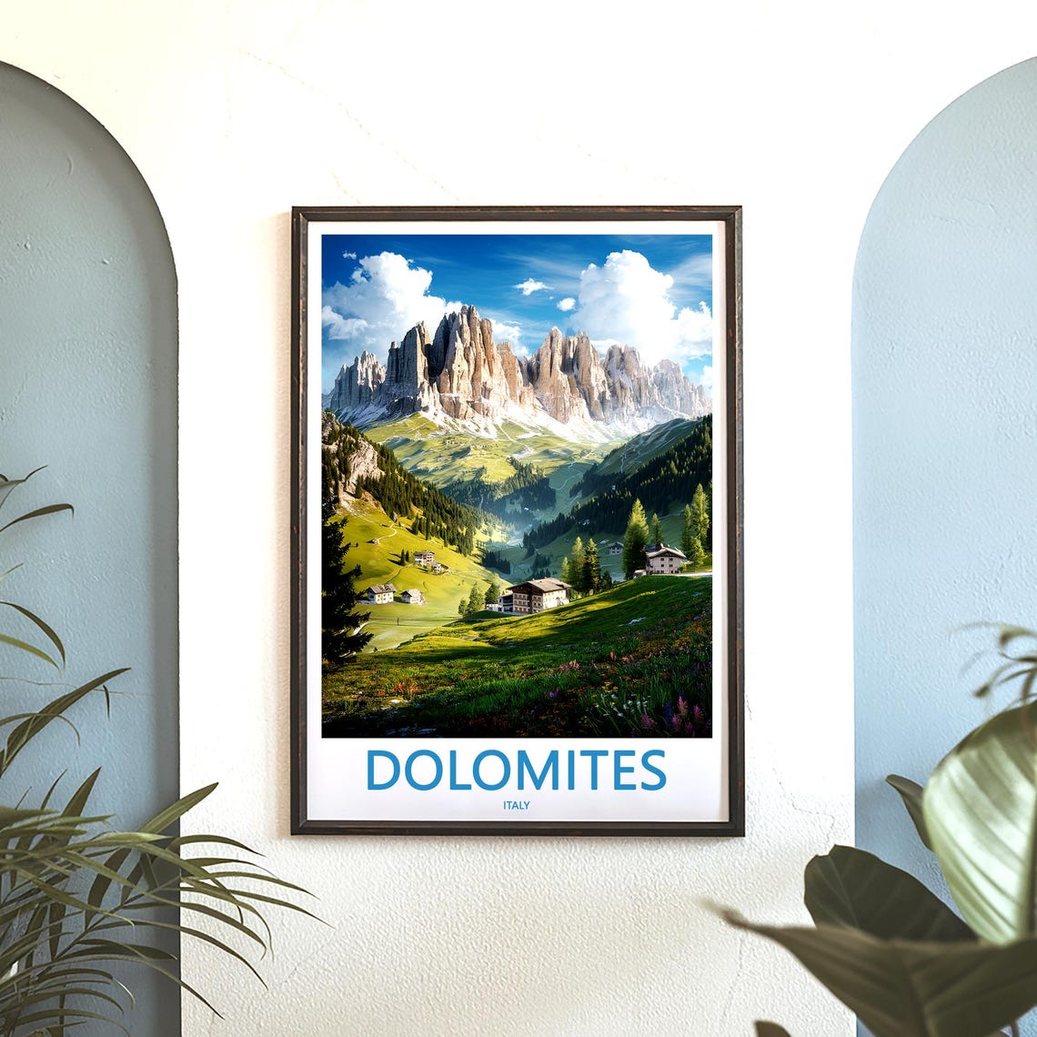 Dolomites Valley Chalets in Sunny Meadow Italy Travel Poster - Image 3