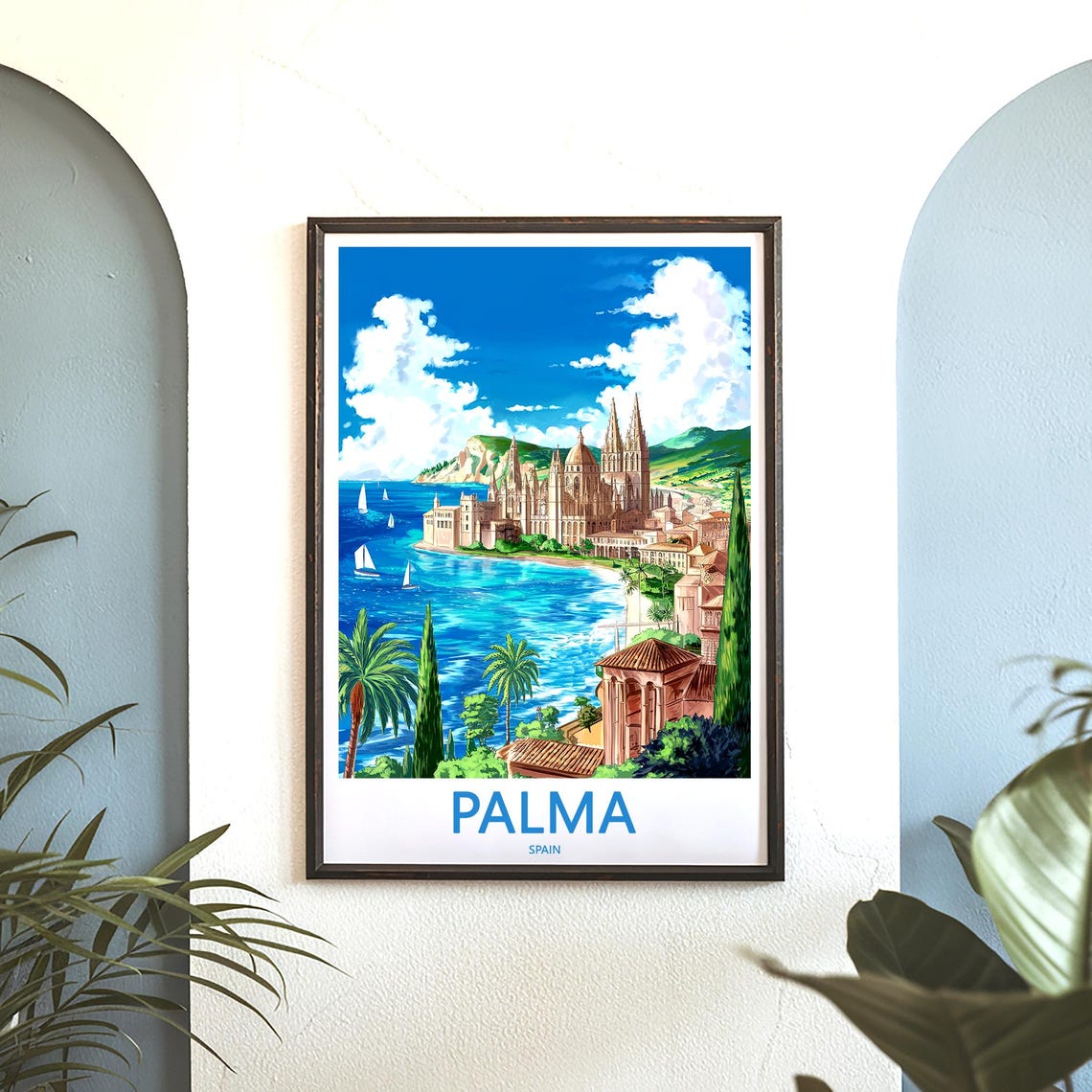 Palma Spain Cathedral Above Old Town Rooftops and Terrace Poster - Image 3