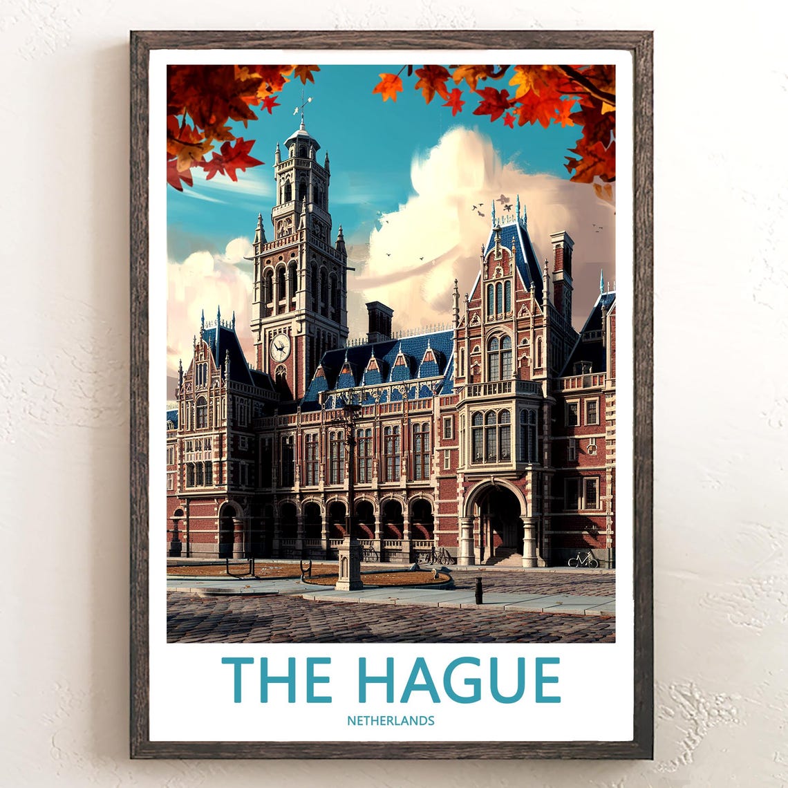 The Hague Red Brick Clock Tower Autumn Frame Vintage Travel Poster